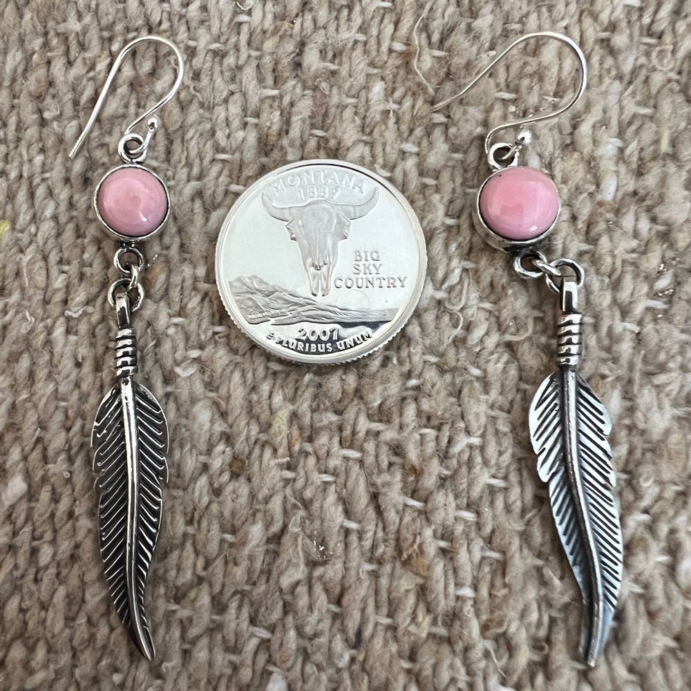 ❤️ Queen Pink Conch Navajo Southwestern 925 Dangle Feather Earrings 6.6Gm 2.76”L - Picture 12 of 16